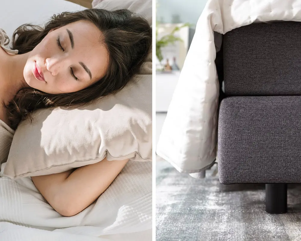 Schlafende Frau auf Kopfkissen, Boxspringbetten in Grau und Blau mit Matratze und Topper im modernen Schlafzimmer