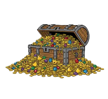 Große Holz Schatztruhe mit Metallbeschlägen steht offen, davor ein Haufen Goldmünzen mit bunten Edelsteinen und goldenen Bechern auf dem Boden.