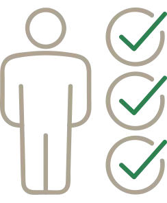 Linien Icon einer Person neben drei Kreisen mit grünen Häkchen, Symbol für strukturierte Abläufe und Service
