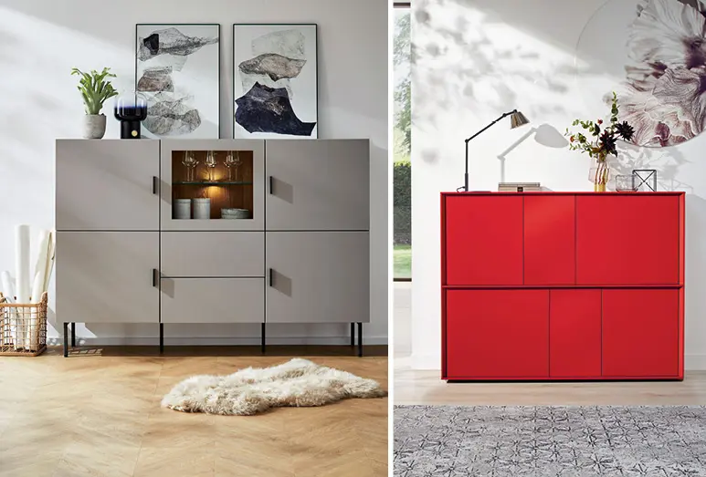 Sideboards und Highboards liefern nicht nur Stauraum fürs Wohnzimmer, sondern können bei passender Farb- und Design-Wahl den Raum auch optisch aufwerten.
