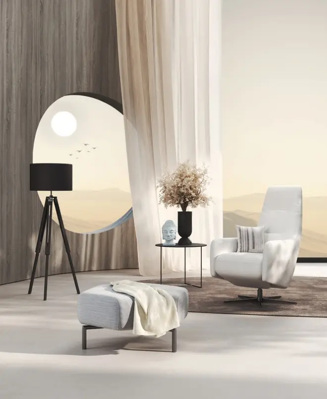 Relaxsessel Rufus in weiß mit passendem Hocker in weiß und schwarzem Beistelltisch daneben