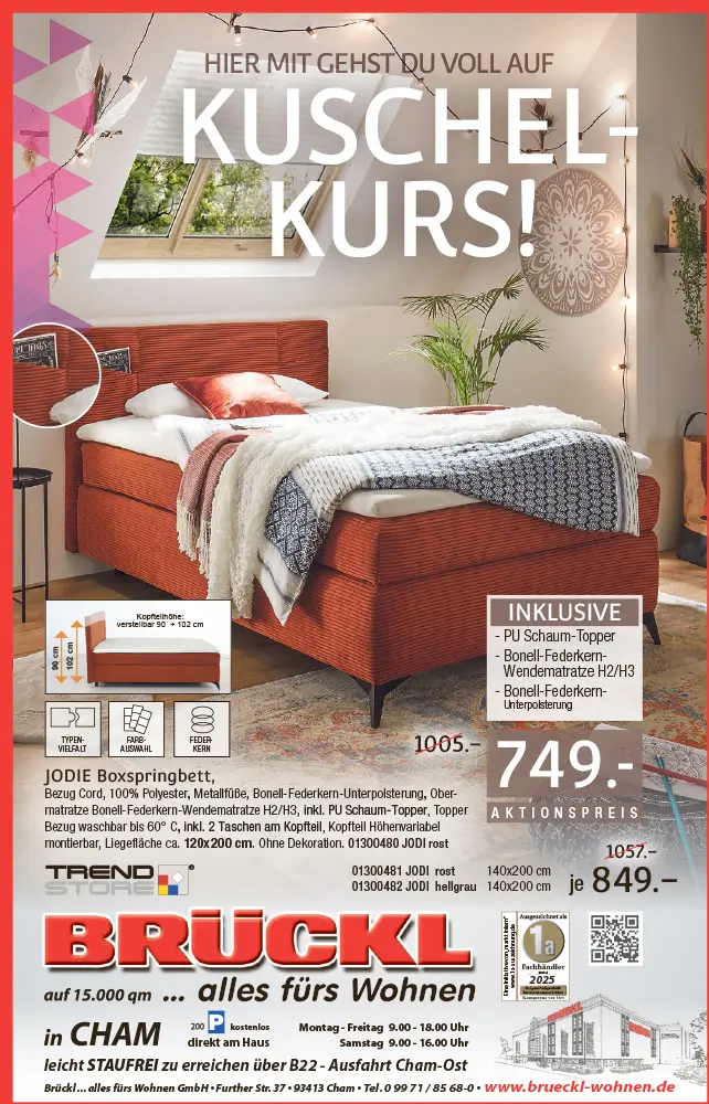 Werbemotiv mit grauer Wohnlandschaft von Trendstore, auf der ein Paar entspannt sitzt, kombiniert mit der Überschrift „Das ist der Knaller – Wellnessoase für Ihr Zuhause“ in heller, freundlicher Wohnzimmeratmosphäre.