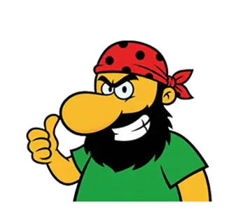 Comic Pirat mit rotem Kopftuch und schwarzem Bart hebt links den Daumen, trägt grünes Shirt und zeigt ein breites, seitliches Grinsen.