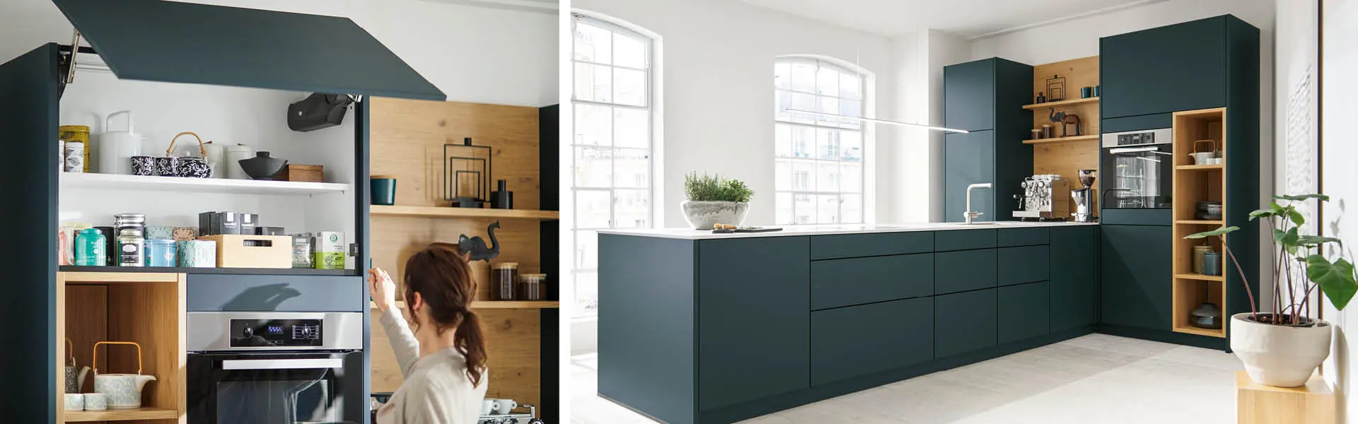 Große City Loft Küche in blau mit weiter Arbeitsfläche.