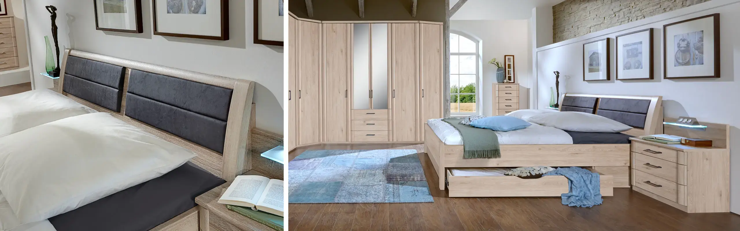 Polsterbett mit grauem Kopfteil, Holzrahmen, Kleiderschrank und geöffnetem Bettkasten