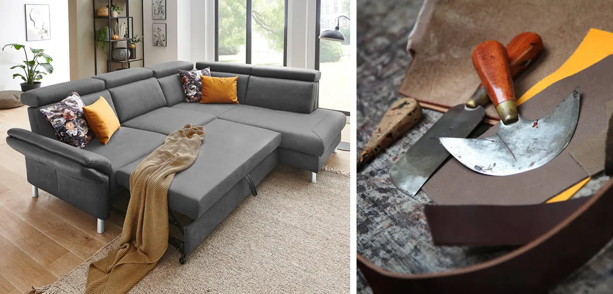 Sofa mit grauem Sofabezug und orangen Kissen im Wohnbereich eines Hauses, Zuschnitt von Leder als Bezugsstoff