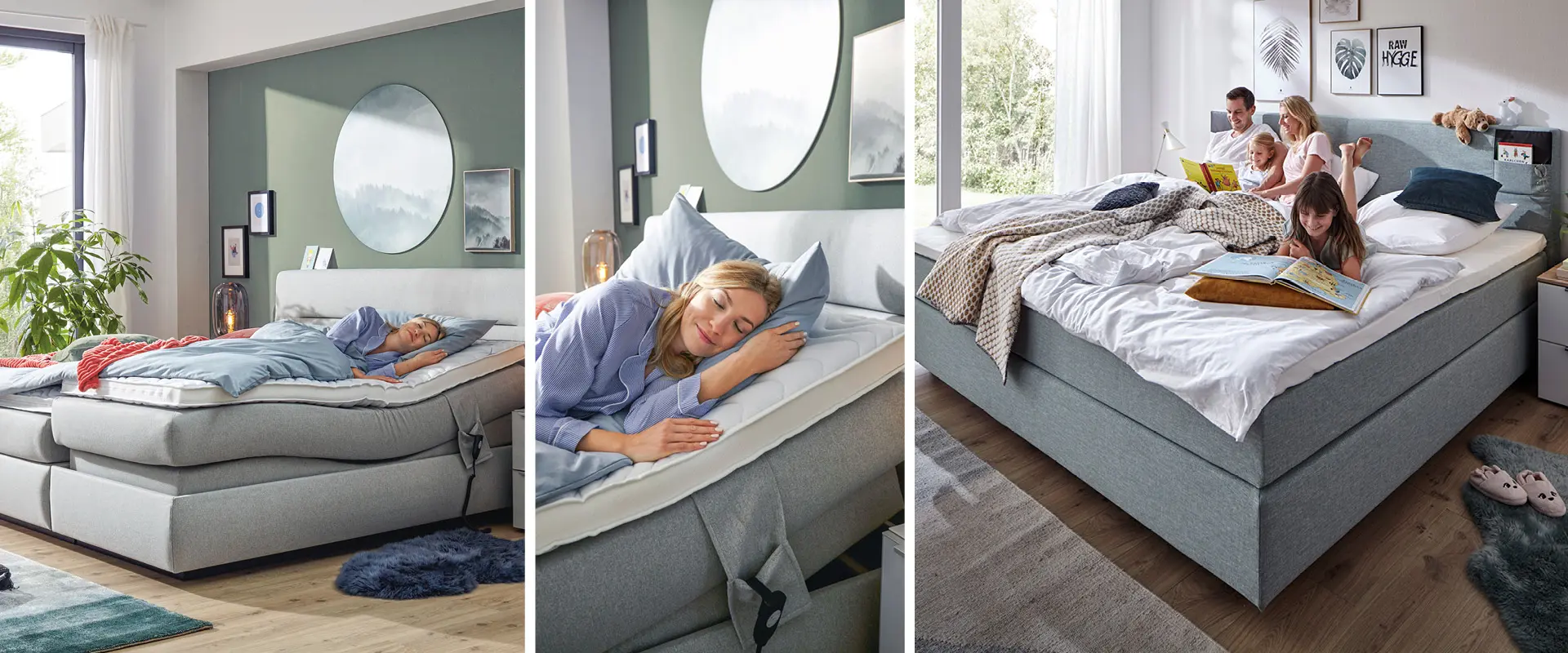 Global Valencia, ein Boxspringbett, elektrisch verstellbar, geeignet für Singles, Paare und Familien, im Schlafzimmer mit Holzboden und Wandspiegel