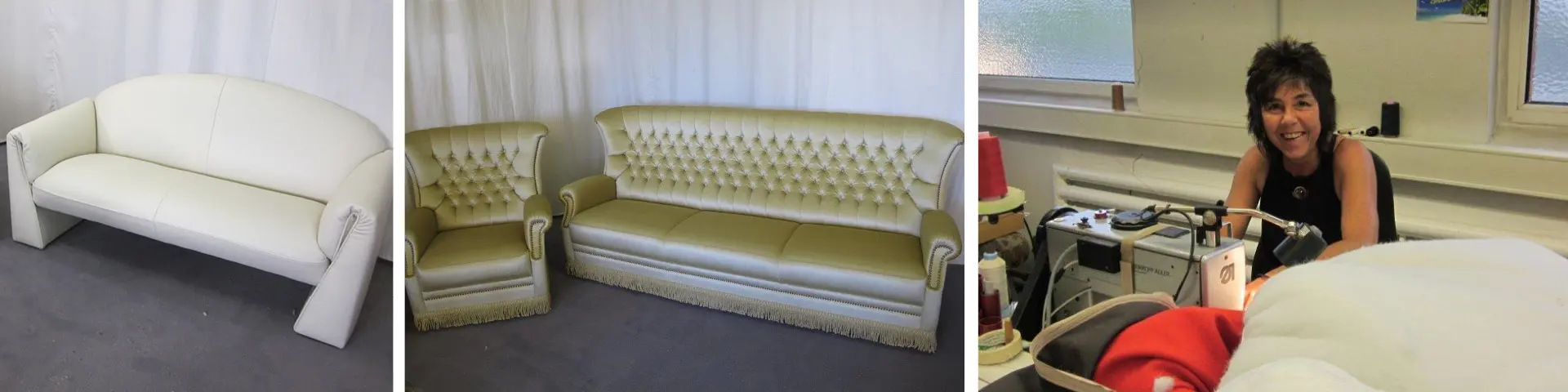 Weißes Sofa aus der Polsterei in Dortmund, grüner Ledersessel und grünes Sofa im Winchester-Look direkt vom Polsterer, Näherin in der Polsterei
