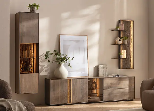 Wohnwand mit Vitrine, Lowboard und Wandregal in Holzoptik