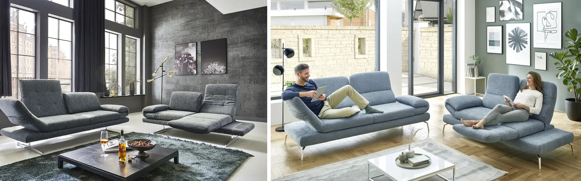 gemütliche Sofas mit verstellbarer Sitzfläche in Anthrazit und hellblau