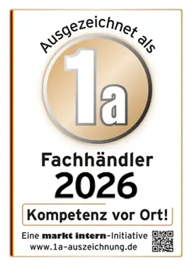Mehrere Siegel und Bewertungen wie Google 4,8 von 5, 1a Fachhändler 2026, Service Check sehr gut und Gold Wert Empfehlung