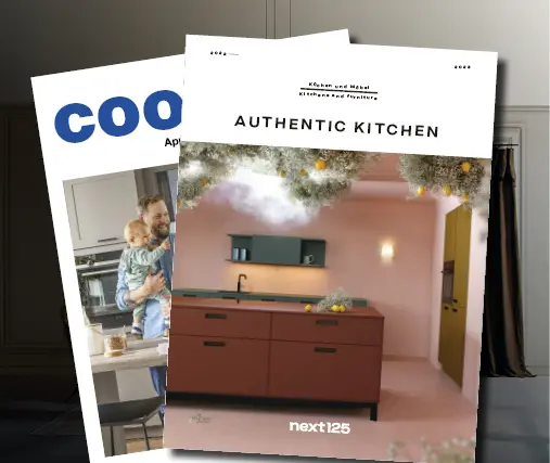 Global Kuechen und Next125 Katalog vor abgedunkeltem Hintergrund