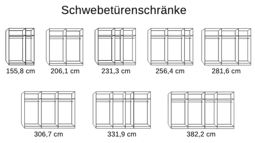 Skizze: Schwebetürenschränke in verschiedenen Breiten von 155,8 bis 382,2 cm
