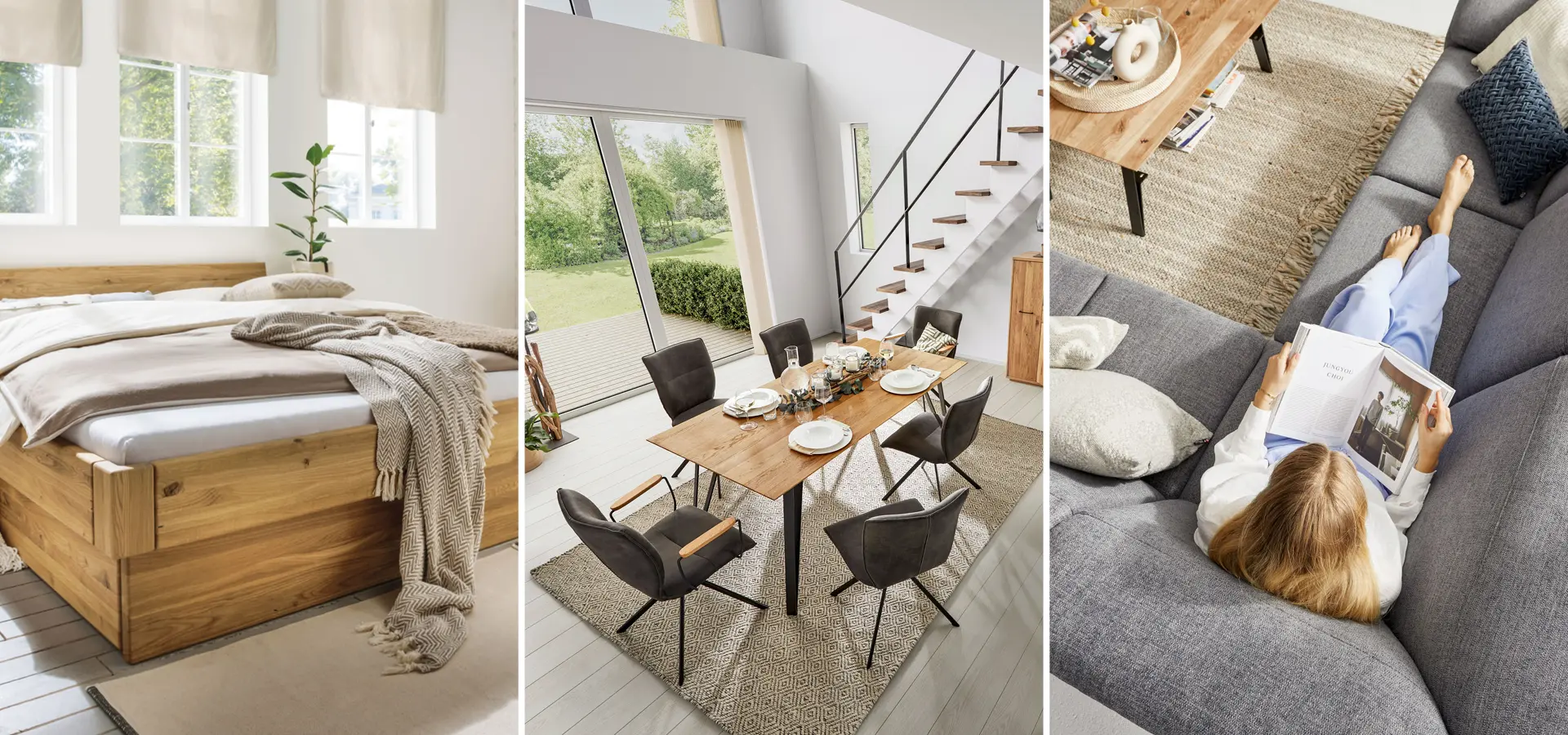 NATURA HOME Bett, NATURA HOME Esstisch, NATURA HOME Stühle und NATURA HOME Sofa