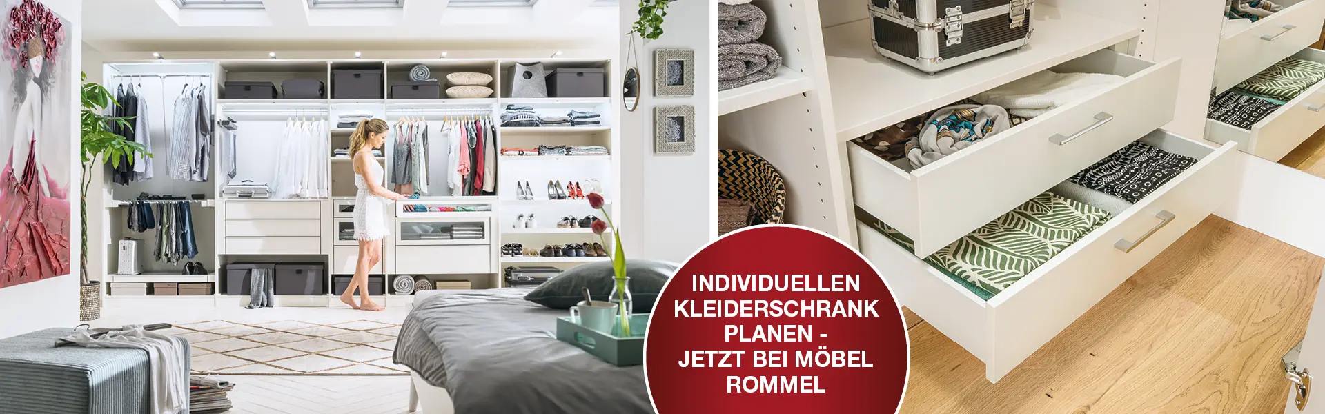 Offener Kleiderschrank nach Maß in Weiß, davor junge Frau, die ihre Kleidung ansieht im hellen, freundlichen Raum und offene Schubladen eines offenen Kleiderschranks