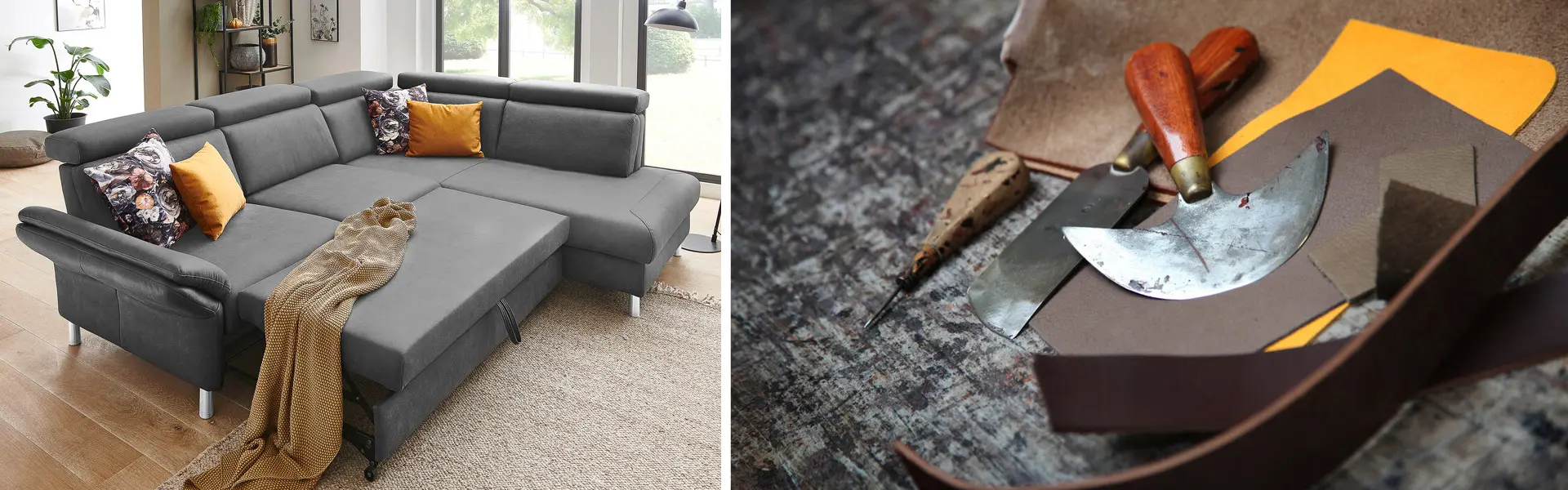 Sofa mit grauem Sofabezug und orangen Kissen im Wohnbereich eines Hauses, Zuschnitt von Leder als Bezugsstoff