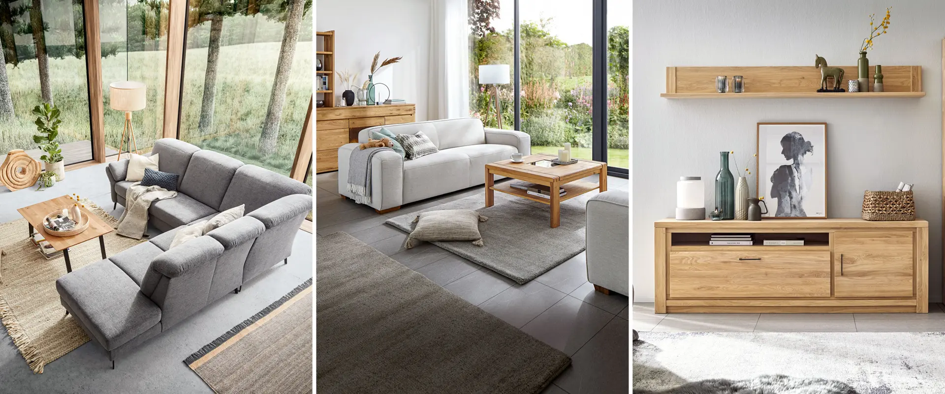 NATURA HOME Sofas im hellen Wohnzimmer mit großen Fenstern, Mann am Fenster neben einer NATURA HOME Wohnwand