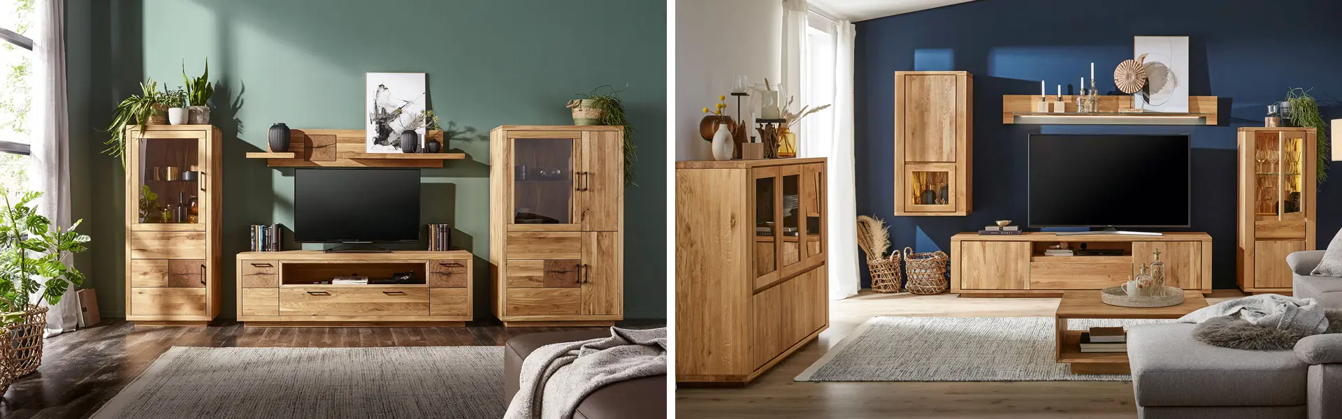 Regale und Hängeschränke sorgen bei einer modernen Wohnwand für zusätzlichen Stauraum.