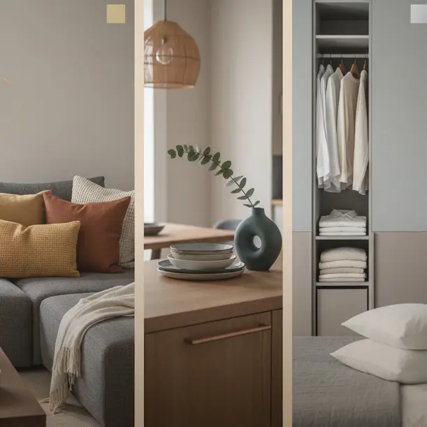 Dreiteilige Collage mit Sofa und Kissen links, Esstisch mit Geschirr in der Mitte und Kleiderschrank mit Kleidung rechts