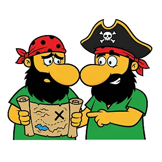 Zwei Comic-Piraten in grünen Shirts halten eine gerollte Schatzkarte mit X-Markierung, der rechte Pirat mit schwarzem Hut und Totenkopf zeigt mit dem Finger darauf.