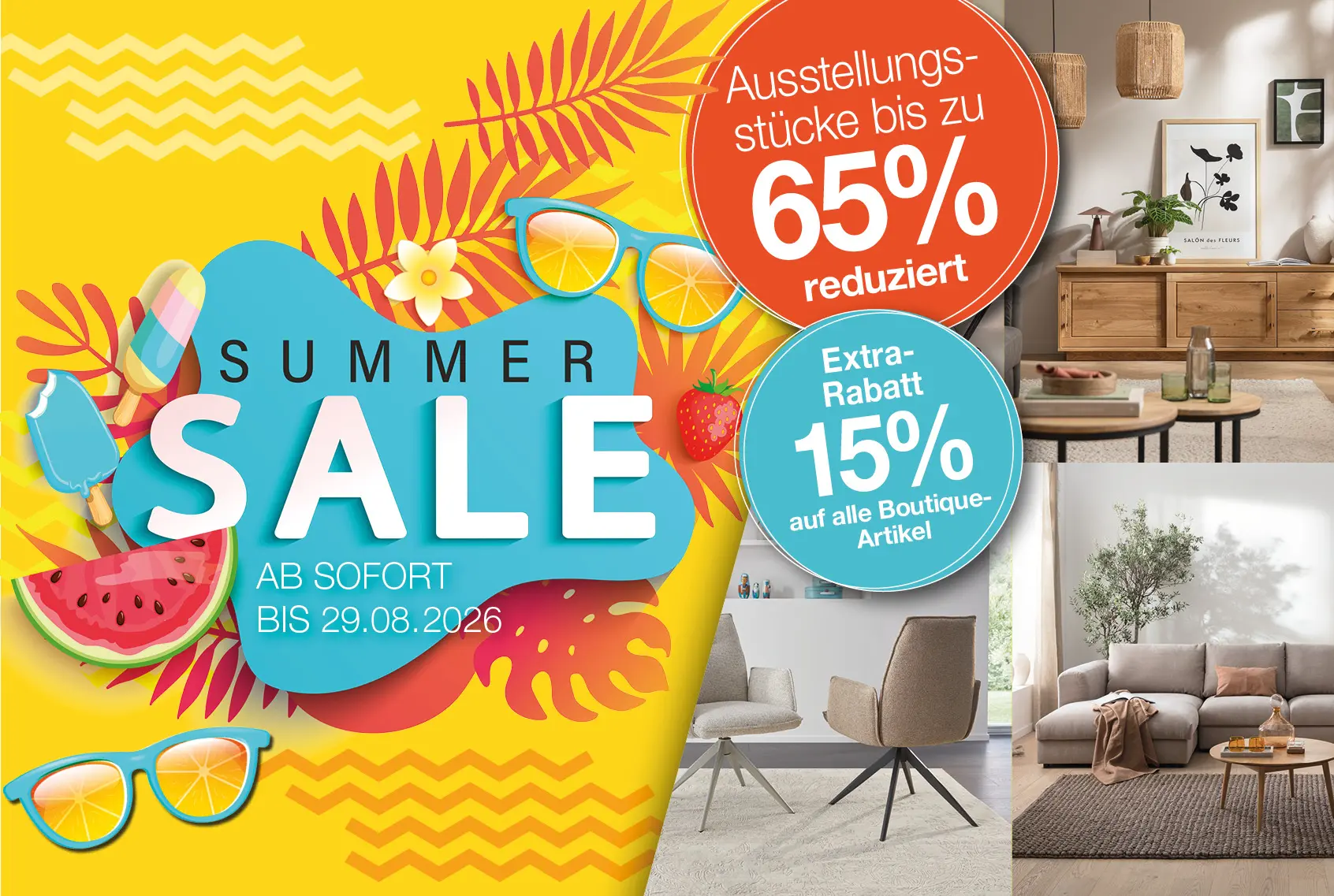 Summer Sale ab sofort bei Moebel rommel in meldorf mit bis zu 65% Rabatt auf Ausstellungsstücke