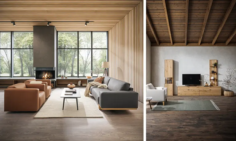 Dekoration in Pastellfarben, Esstisch aus Holz mit grauen Stühlen, Ledersofas in Braun und Grau, Couch in Naturtönen in Zimmern mit Holzverkleidung und vielen Naturmaterialien