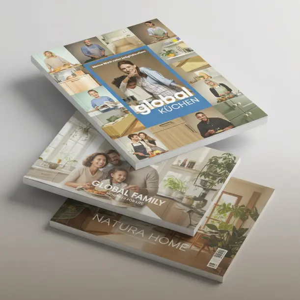 Gestapelte Kataloge mit Titeln global Küchen, Global Family und Natura Home, Cover mit Personen und Küchenszenen