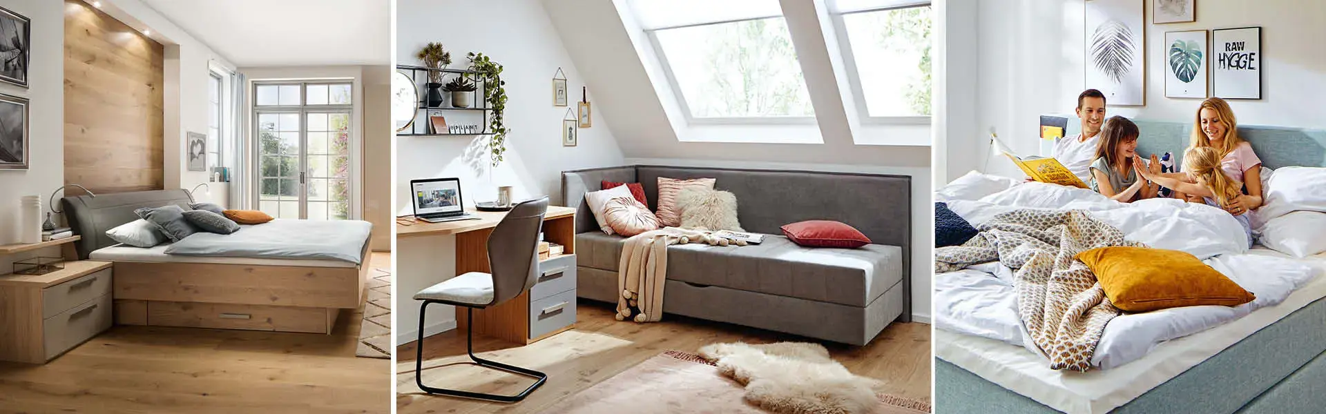 Drei Wohnszenen mit Holzbett, Schlafsofa mit Schreibtisch und Familie auf Bett