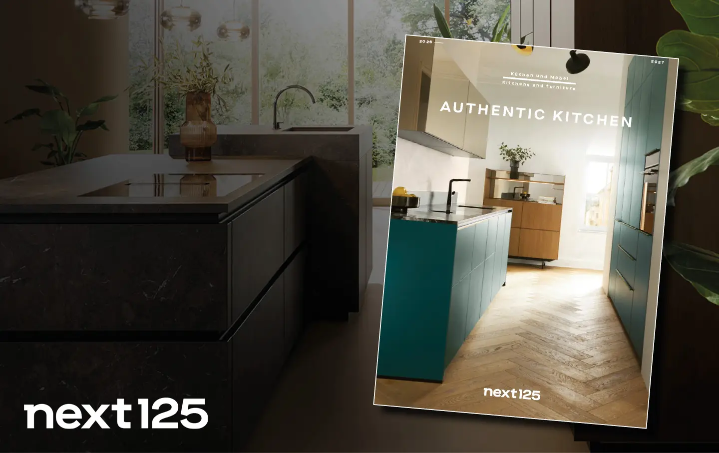 next125 Katalogcover „Authentic Kitchen“ auf dunkler Küchenaufnahme
