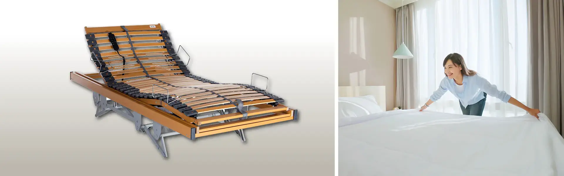 Zwei Holzbetten mit Nachttischen, Regalen und Kleiderschränken im Schlafzimmer