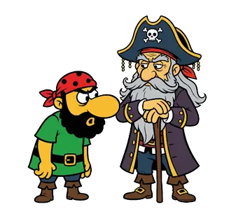 Kleiner Comic Pirat mit rotem Kopftuch steht links neben großem Piraten mit Dreispitz und Totenkopf Hut, langem Bart und Gehstock, beide tragen Gürtel.
