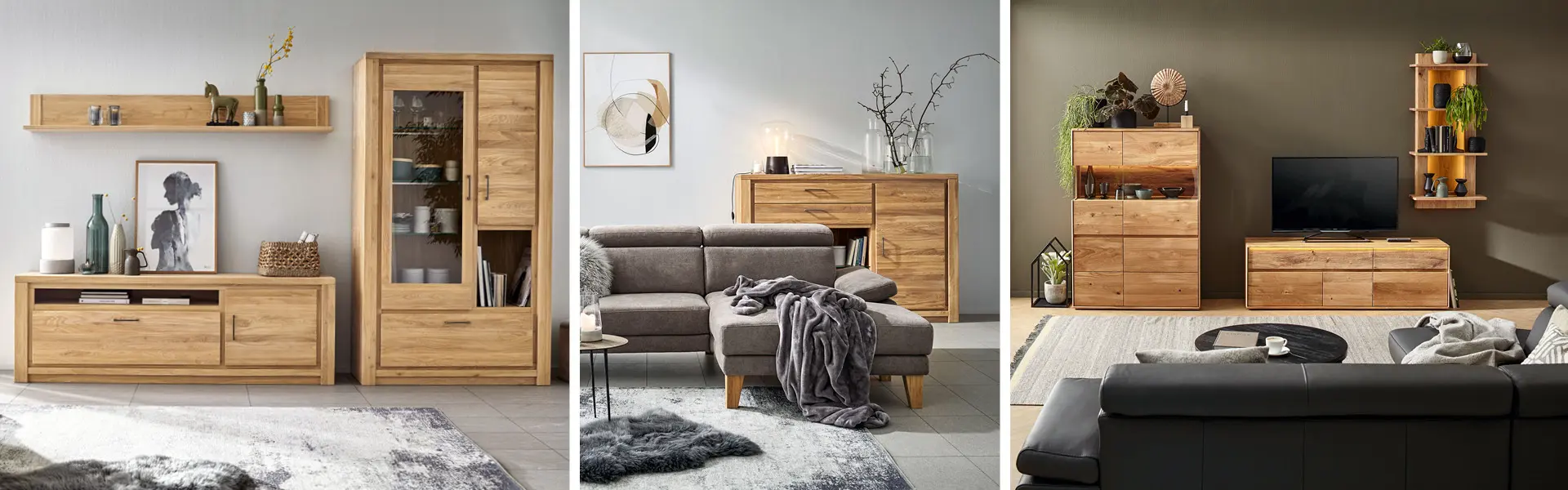 Im Wohnzimmer kommt die Wohnwand mit Sideboard, Lowboard und Higboard aus Holz sehr gut an. 