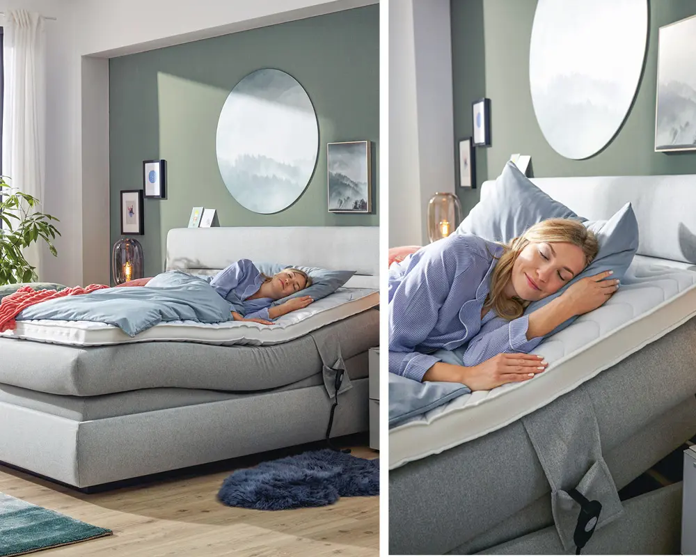 Global Valencia, ein Boxspringbett, elektrisch verstellbar, geeignet für Singles, Paare und Familien, im Schlafzimmer mit Holzboden und Wandspiegel