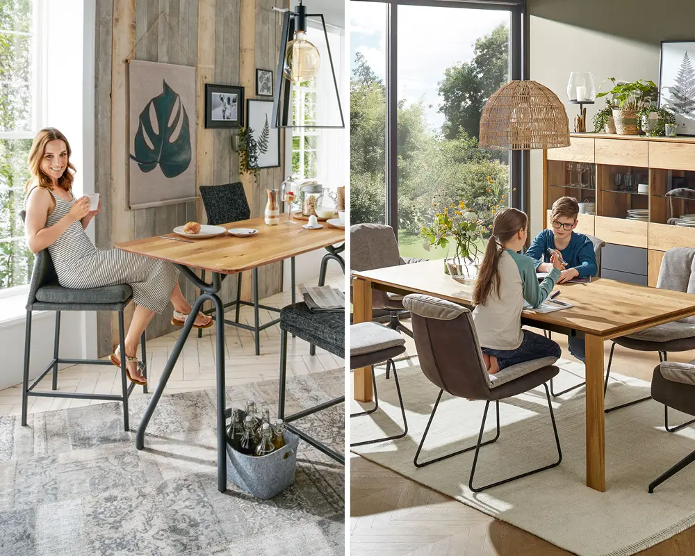 NATURA HOME Esstisch mit NATURA HOME Stühlen, Frau und Kinder im Esszimmer, Dekoraktion und Kerzenschein beim Dinner