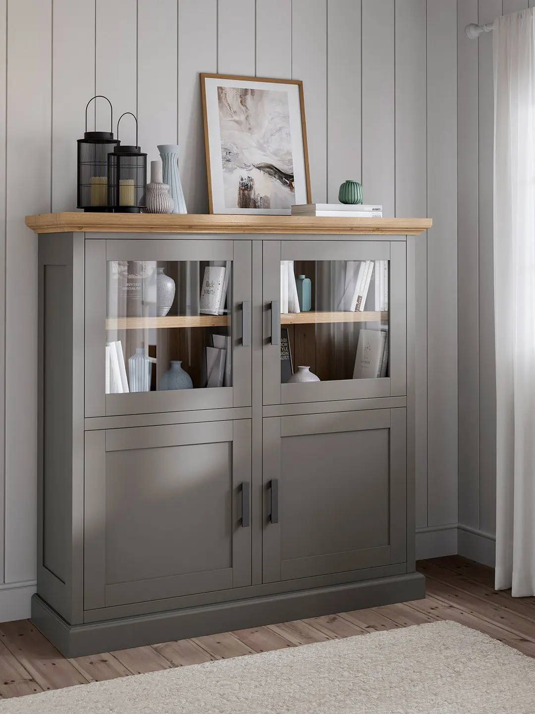 Buffetschrank Litchfield in Grau mit Eichenholz-Akzent