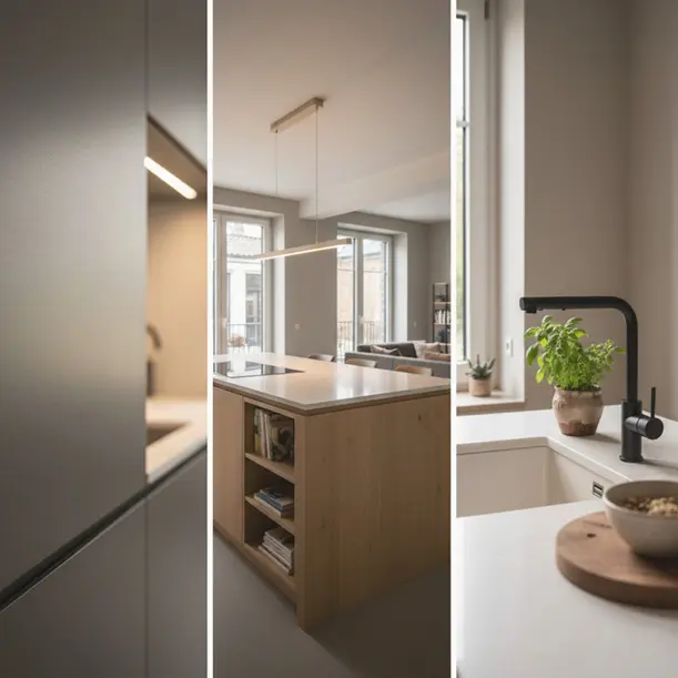 Moderne Küche mit Holzinsel und Kochfeld, Spüle mit Armatur rechts und Wohnbereich im Hintergrund durch große Fenster