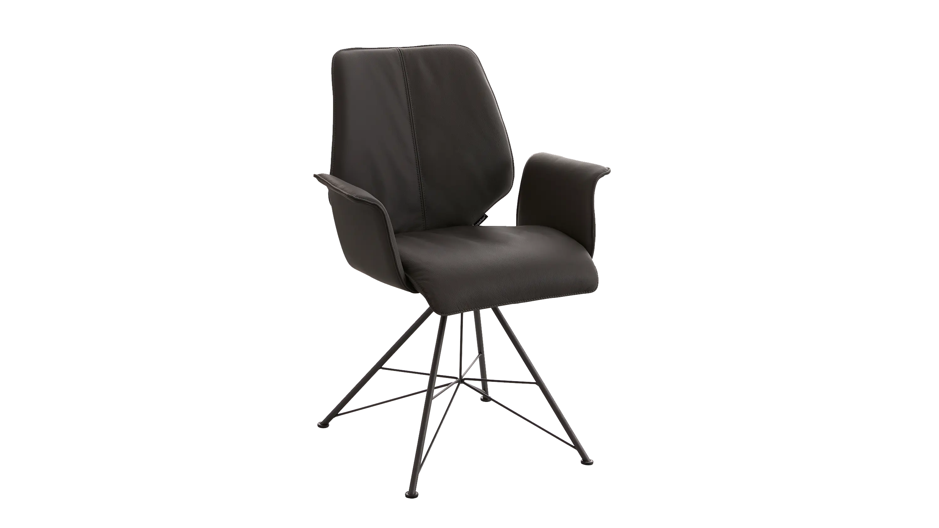 Ein echtes Design-Statement fürs Esszimmer mit dem Armlehnstuhl Penthouse in schwarzem Leder uns Spinngestell.