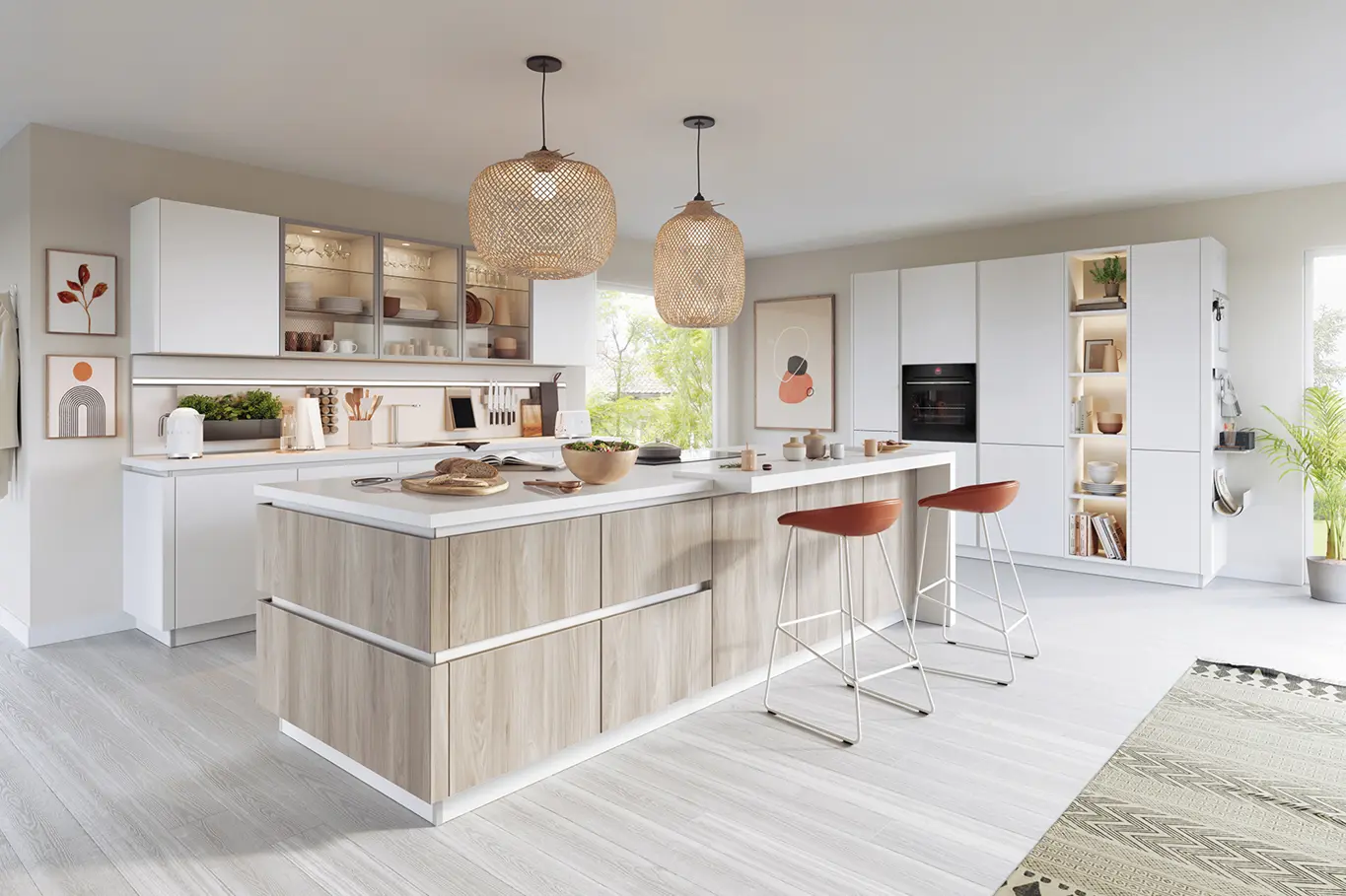 Helle freundliche Inselkueche mit Holzakzenten