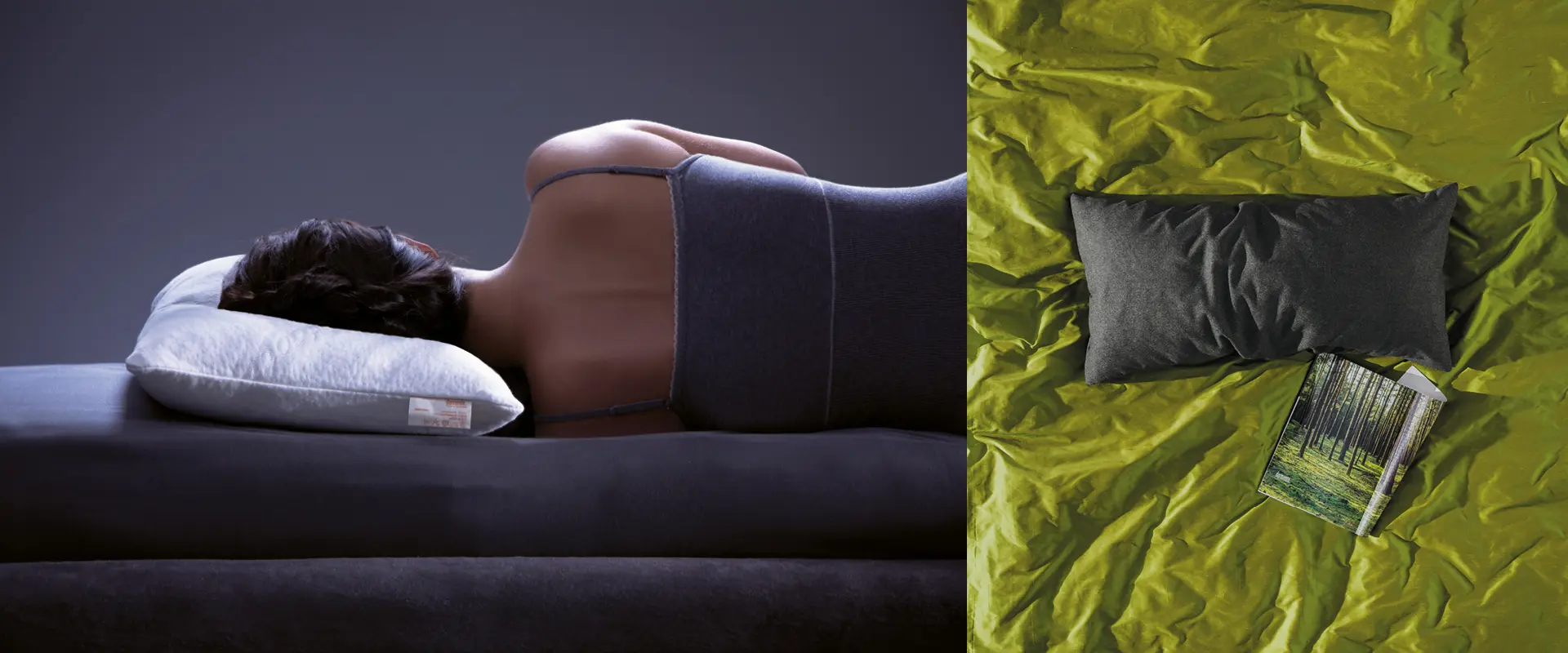Schlafende Frau auf dormiente® Kopfkissen, dormiente® Kopfkissen in Schwarz auf grünem Bettlaken