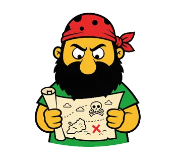 Comic Pirat mit rotem Kopftuch und Bart hält eine Schatzkarte mit Totenkopf Symbol und rotem X, gerollter Kartenrand in der linken Hand.