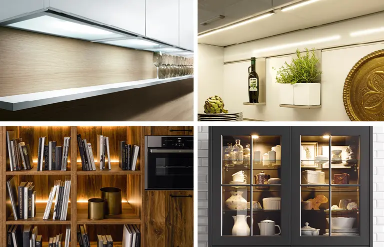 Lichtakzente in Oberschränken, Vitrinen und sogar in Regalsystemen