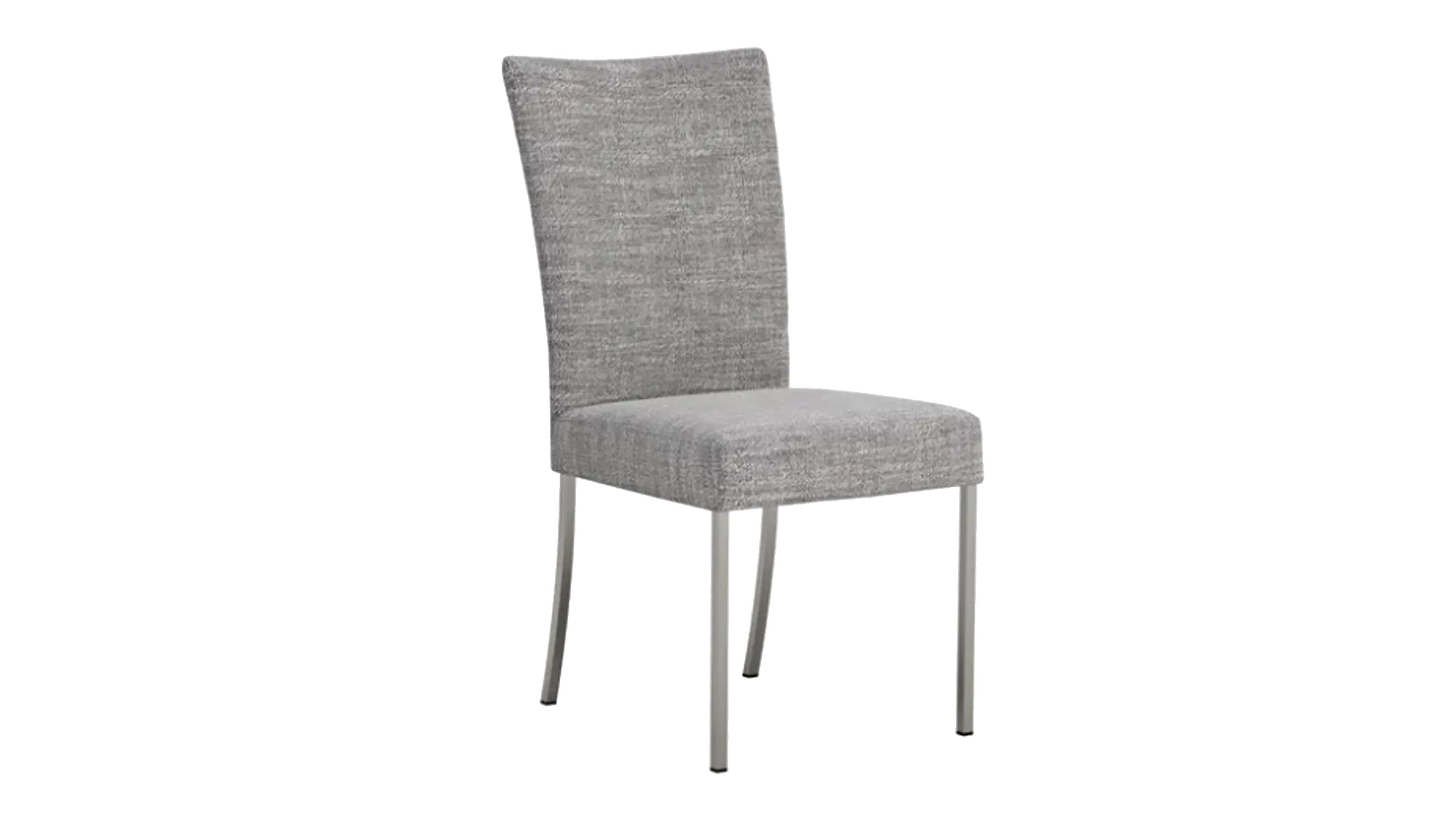 Ein Klassiker im Esszimmer: Der Contur Penthouse Stuhl mit hellgrauem Stoffbezug und silbernem Vierfußgestell.