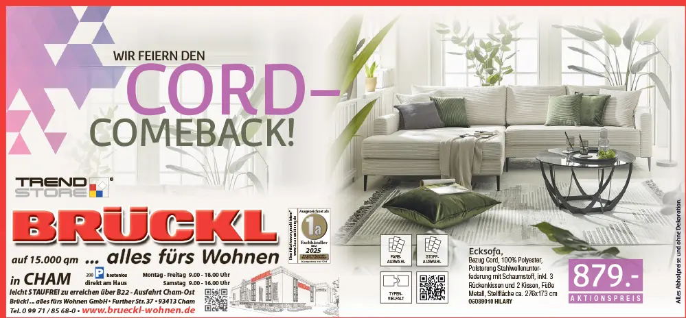 Werbemotiv mit grauer Wohnlandschaft von Trendstore, auf der ein Paar entspannt sitzt, kombiniert mit der Überschrift „Das ist der Knaller – Wellnessoase für Ihr Zuhause“ in heller, freundlicher Wohnzimmeratmosphäre.
