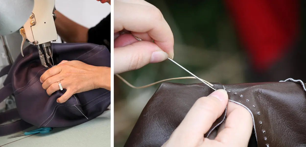 Verarbeitung von Leder als Sofabezug, neu bezogener Hocker