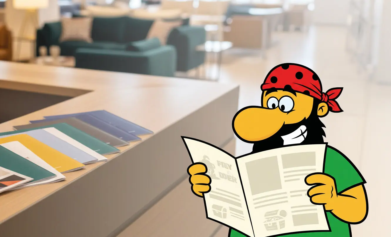 Breite Holztheke mit Prospekten im Vordergrund, rechts Comic-Pirat mit gefaltetem Blatt, im Hintergrund Sofas, Couchtische und Stehleuchten.