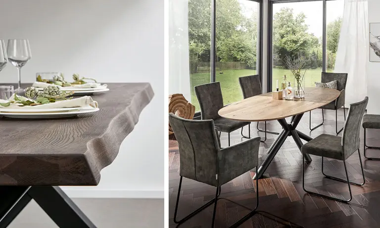 Form, Tischkante und Ausziehfunktion bestimmen die Optik des Esstischs.