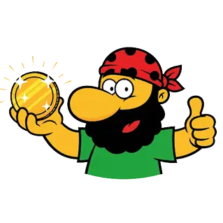 Comic Pirat mit rotem Kopftuch und Bart hält eine glänzende Goldmünze hoch und zeigt mit der anderen Hand den Daumen nach oben.