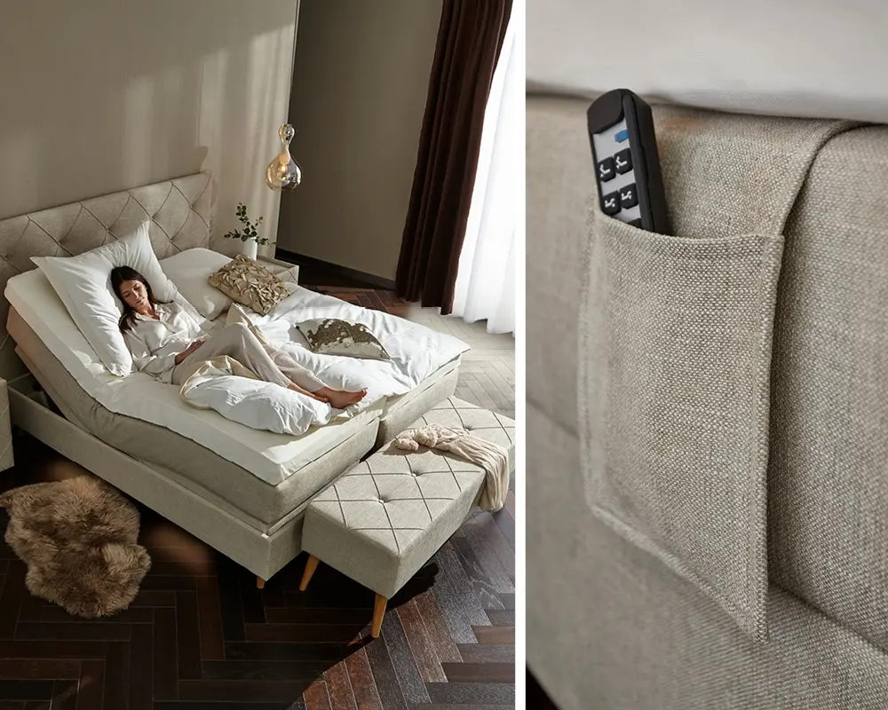 Entspannt schlafende Frau im elektrisch verstellbaren Boxspringbett Global Belina mit einer Tasche für die Fernbedienung