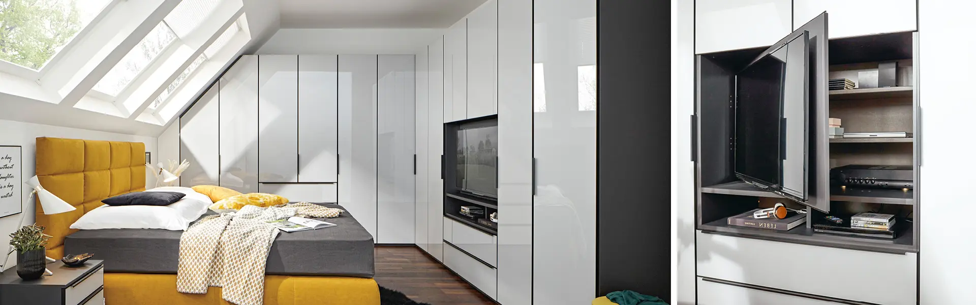 Schlafzimmer mit Dachschräge, Kleiderschrank unter Dachschräge, gelbes Boxspringbett