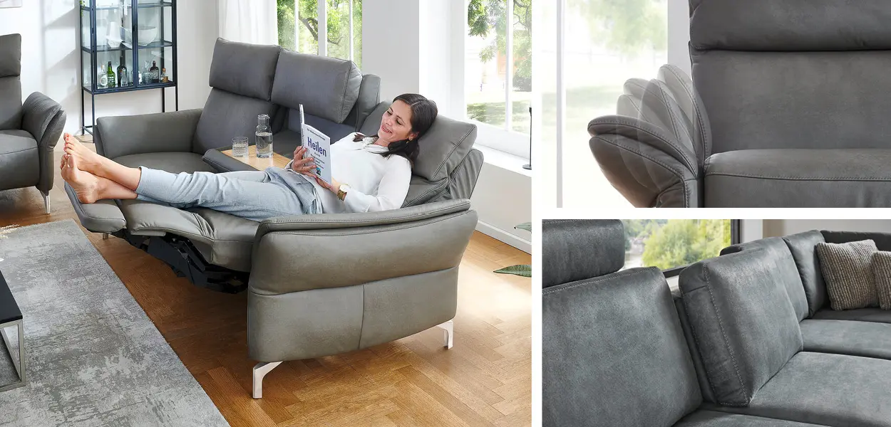 Sitzhöhe, Sitztiefe, Armlehne, Kopfstütze, Beinstütze und Rückenlehne lassen sich leicht beim Funktionssofa verstellen. 